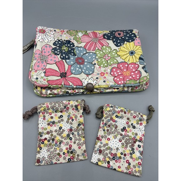 Thirty One Foldover Soft Floral Pouch Storage Zip w 2 Drawstring Pouch Costmetic - Picture 1 of 4